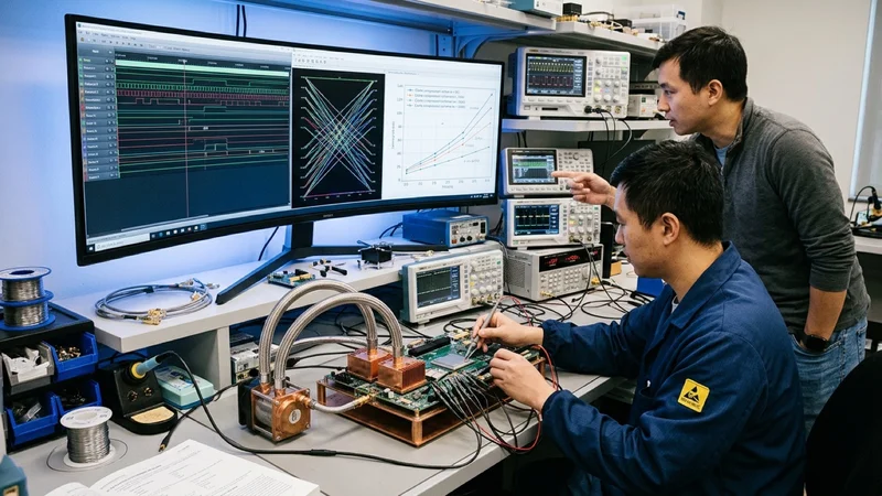 AI hardware engineers examining logic analyzer waveforms and a PCIe accelerator card running hardware-fused Hadamard KV-cache quantization in a Silicon Valley lab