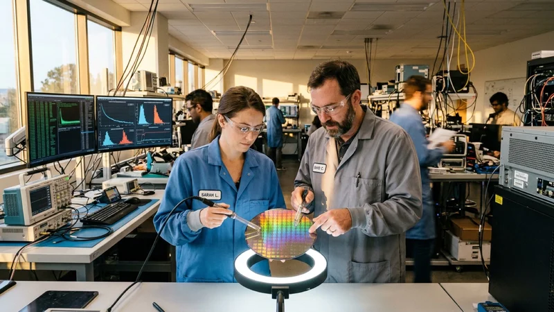 AI silicon architects in a Santa Clara lab examining a 300mm wafer of MXFP4 tensor-core processors alongside real-time 405B training loss convergence graphs on monitors