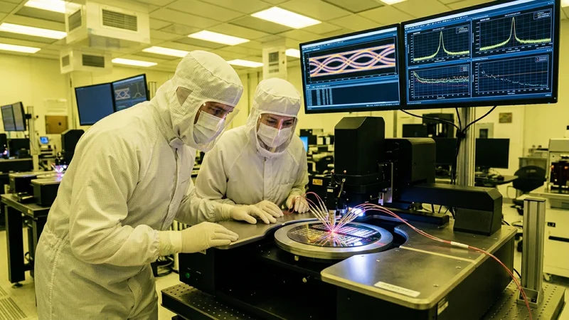 Silicon photonics engineers in a cleanroom lab inspecting a co-packaged optical interposer wafer with glowing fiber-optic laser probes and oscilloscopes in Santa Clara