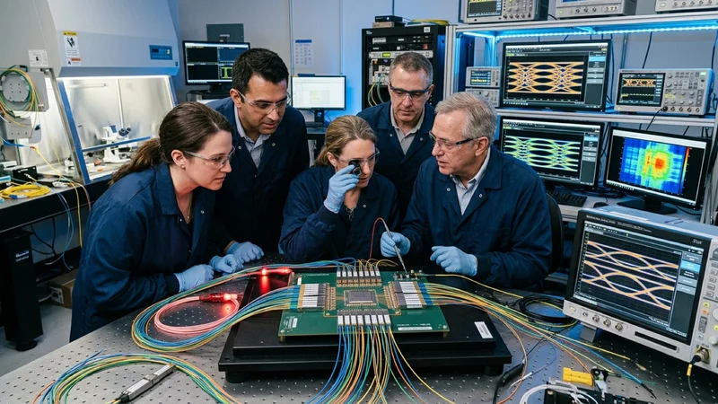 Optical-interconnect engineers in a Santa Clara lab inspecting a 1.6-Terabit co-packaged silicon photonics switch ASIC with fiber-optic ribbons and eye-diagram oscilloscopes