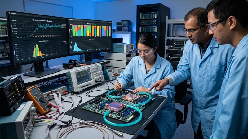 AI systems engineers in a Santa Clara server lab inspecting a liquid-cooled dual-socket coherent CPU-GPU superchip board with copper cold plates and 900 GB/s memory telemetry on monitors