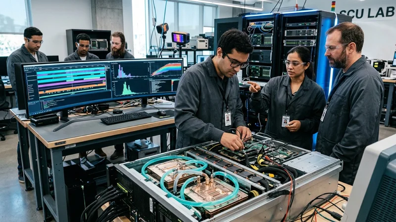 GPU kernel engineers in a Santa Clara compute lab analyzing warp-specialized FlashAttention-3 FP8 roofline throughput charts on monitors beside an open liquid-cooled 8-GPU server