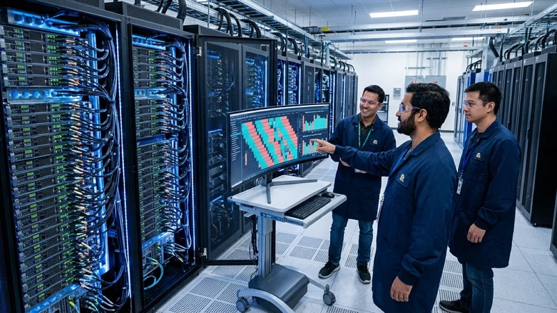 AI systems engineers in a Santa Clara data center examining a large monitor displaying a zero-bubble bidirectional DualPipe GPU pipeline schedule alongside liquid-cooled server racks