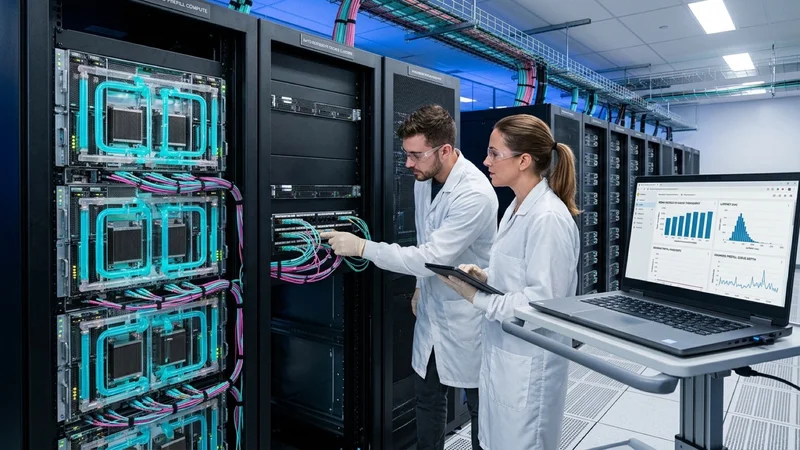 AI infrastructure engineers in a Santa Clara data center inspecting 400-GbE optical transceivers connecting separate prefill and decode liquid-cooled GPU racks with RDMA latency telemetry