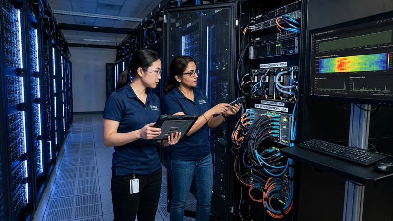 AI systems engineers in a Santa Clara data center inspecting a CXL 3.0 pooled-memory expansion chassis connected to liquid-cooled GPU servers with expert-prefetch hit-rate graphs on a monitor