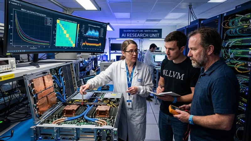 AI hardware and compiler engineers in a Santa Clara lab inspecting a liquid-cooled multi-GPU server blade while a display shows MXFP4 Hadamard block-scaled quantization curves