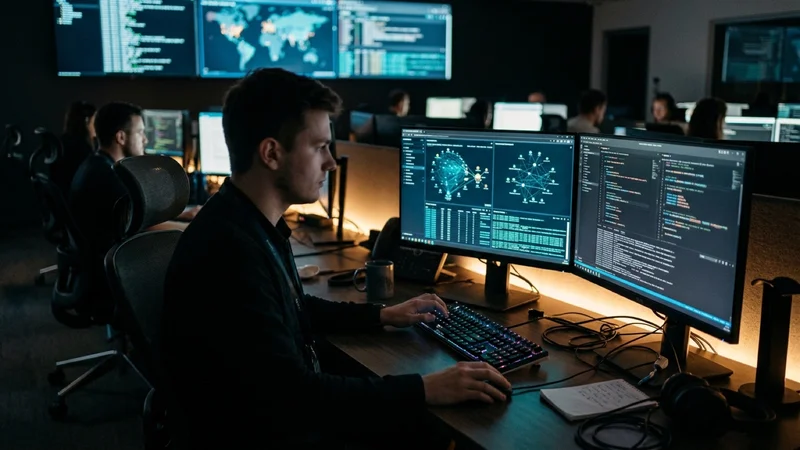 Cybersecurity workstation in a dark operations room with dual monitors displaying network packet waveforms and code blocks