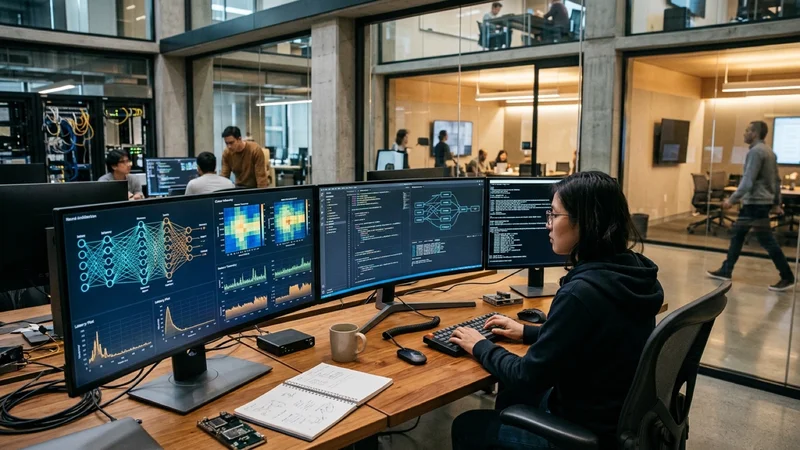 AI developer workstation with multiple monitors showing terminal benchmarks and neural network latency graphs