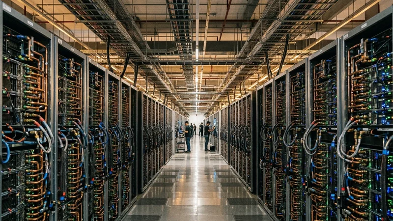 Liquid-cooled hyperscale AI GPU supercomputer data center aisle with illuminated server racks