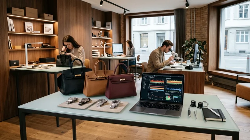 Luxury consignment authentication studio with designer handbags beside a security engineer laptop showing network traffic graphs