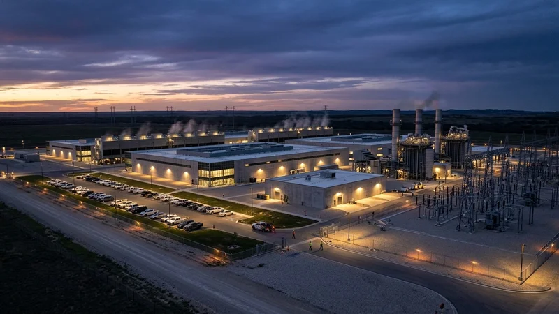 Hyperscale AI data center facility adjacent to natural gas power generation turbines and electrical substation infrastructure at dusk