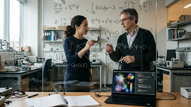 Mathematicians and theoretical physicists examining partial differential equations and formal Lean proof verification code on a glass whiteboard