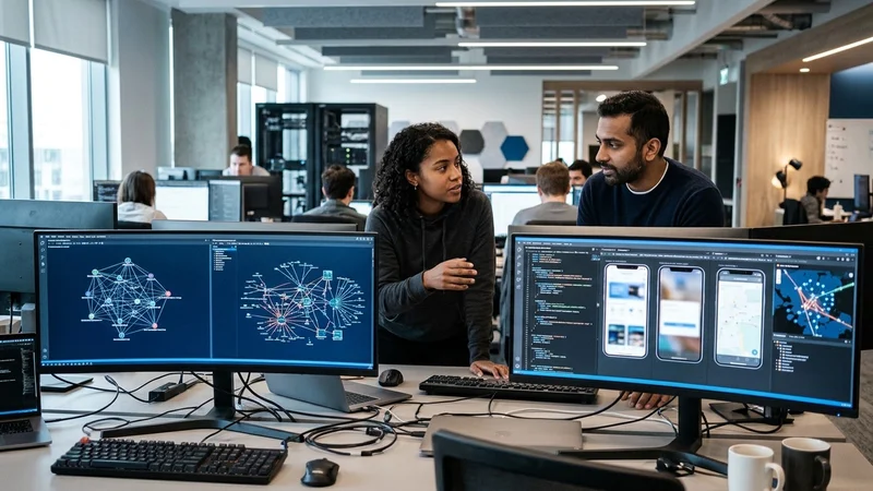 Software security engineer reviewing multi-repository dependency graphs and pull-request vulnerability diagnostics on dual monitors