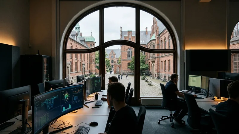 Historic European university courtyard alongside a cybersecurity operations center screen showing credential reset alerts