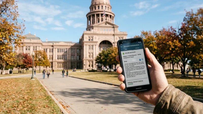 Texas State Capitol building in Austin under autumn trees with a smartphone displaying an encrypted email interface in the foreground