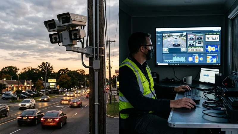 Roadside automated license plate reader camera at dusk alongside an engineer laptop displaying neural network trace logs