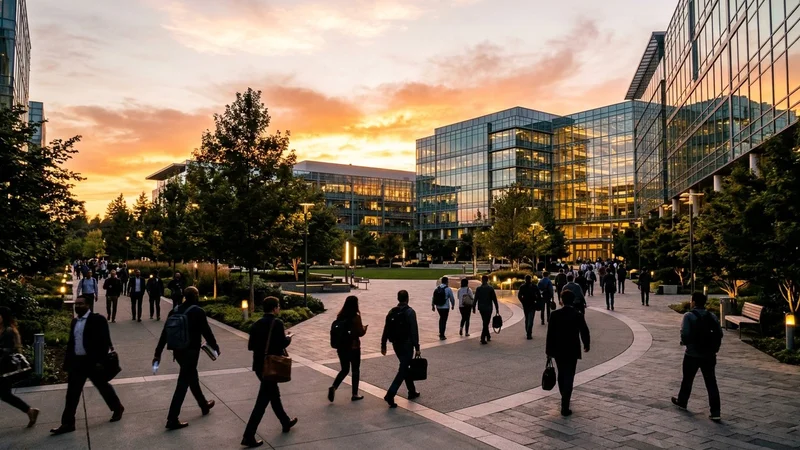 Corporate technology campus glass office buildings in Redmond at sunset with employees walking across a landscaped plaza
