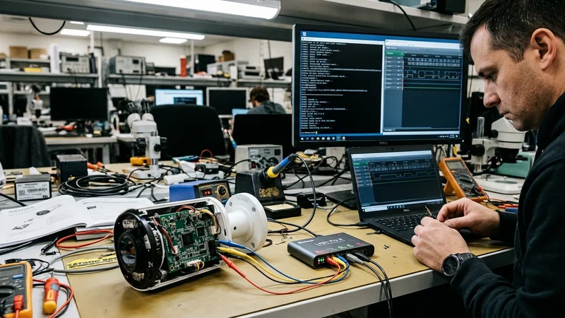 Cybersecurity hardware workbench with a disassembled network security camera wired to a logic analyzer beside a Linux terminal