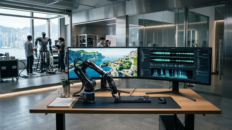 AI research studio with dual ultrawide monitors displaying a 3D coastal world simulation and audio waveforms beside a humanoid robot arm