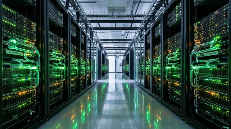 High-tech AI data center aisle with liquid-cooled GPU and custom inference server racks glowing with green and amber LEDs