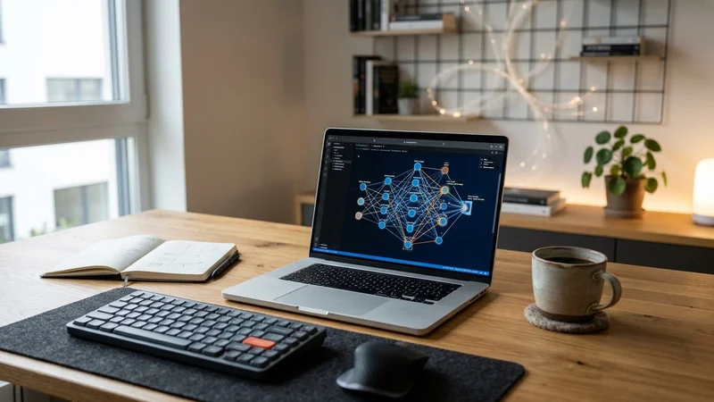 Developer laptop running an on-device neural network visualization inside a web browser window on a wooden desk
