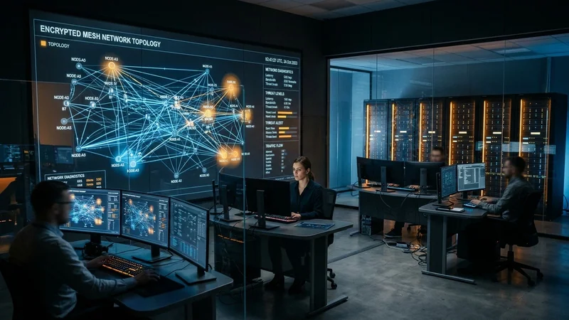 Network operations center monitors displaying an encrypted WireGuard mesh network topology and SSH tunnel diagnostics
