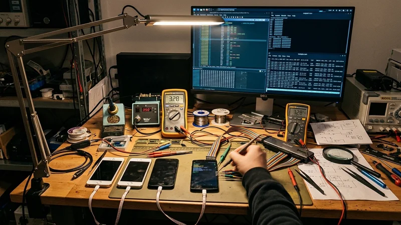 Security researcher desk with older smartphones connected to diagnostic cables beside a monitor showing memory bounds analysis