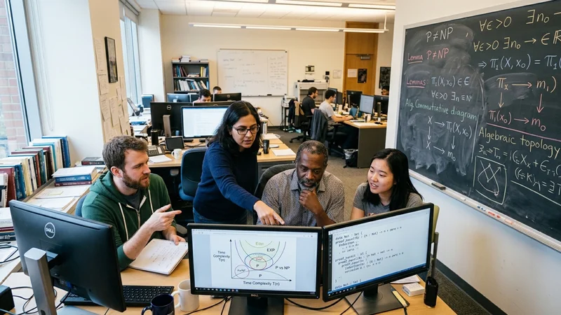 Theoretical computer scientists and mathematicians examining computational complexity graphs and formal proof verification code on monitors beside an equations chalkboard