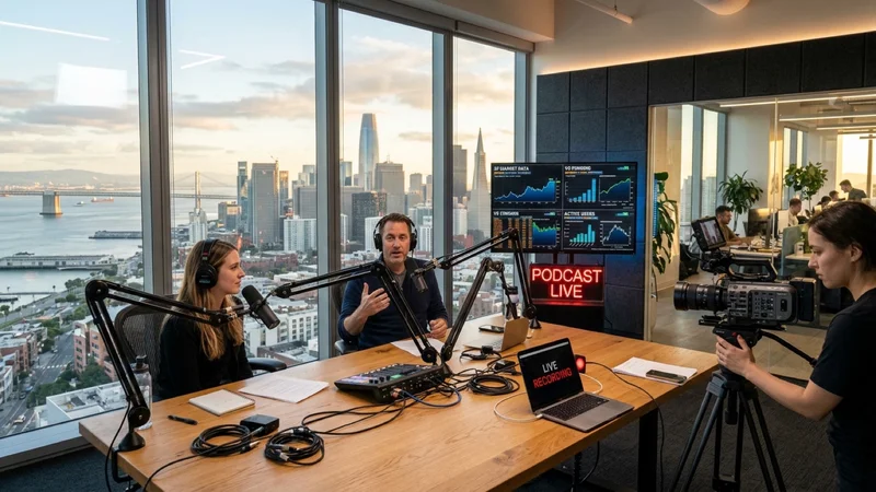 Modern San Francisco AI startup workspace and live broadcast studio desk with condenser microphones and venture capital data screens