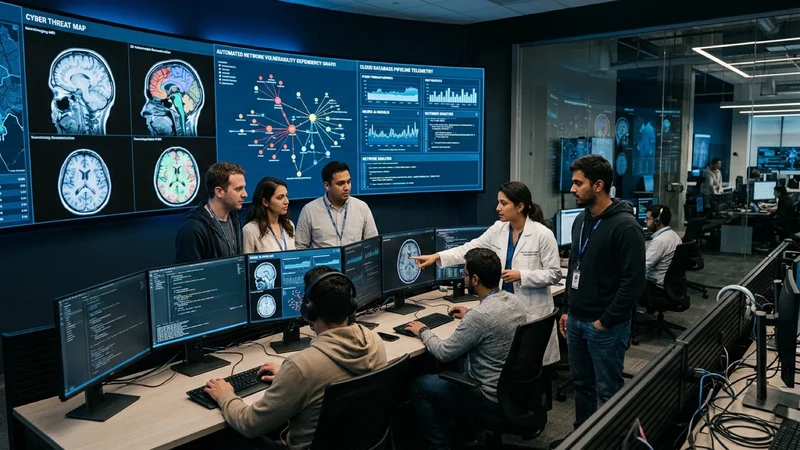 Enterprise cybersecurity and clinical AI operations center with engineers and clinicians reviewing vulnerability graphs and 3D brain neuroimaging screens
