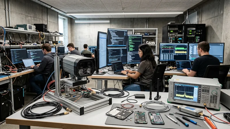 Cybersecurity threat intelligence forensics lab displaying cryptographic certificate chains, mobile packet traces, and an automated license plate reader camera on a test bench