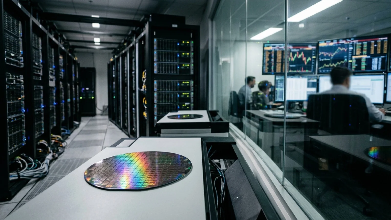 Custom AI accelerator server racks inside a data center alongside financial market displays