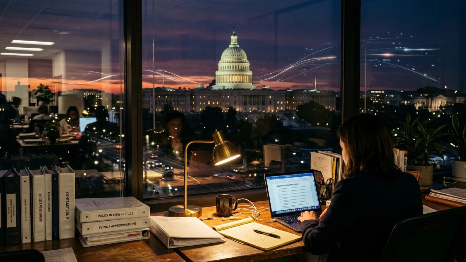 Capitol Hill dome at dusk with digital network light trails and a legal contract analysis workstation