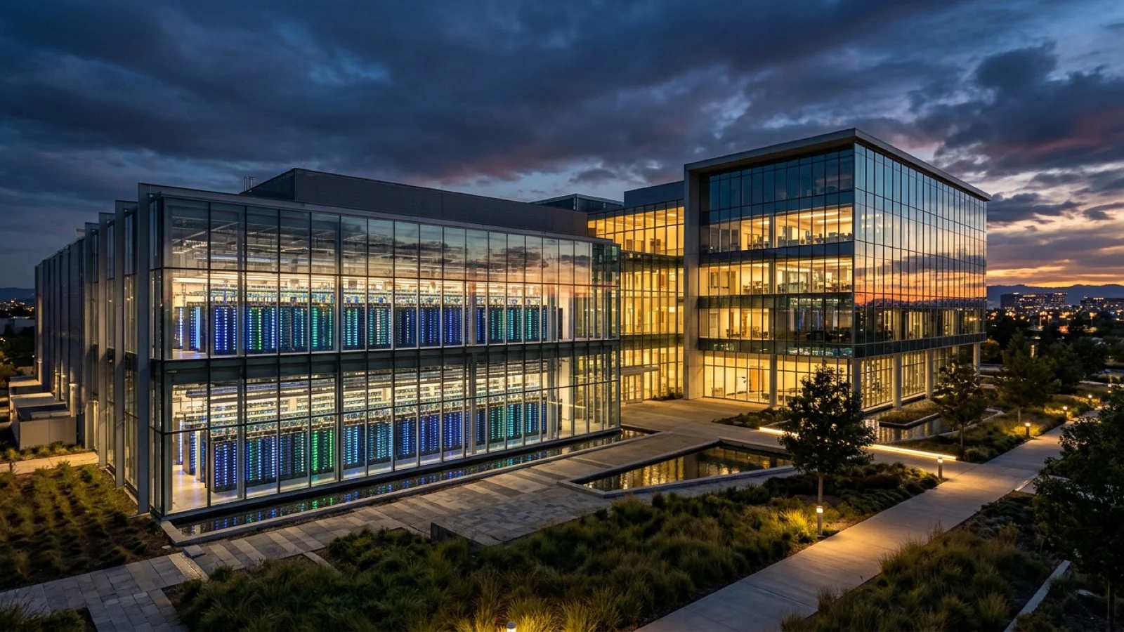 Ultra-modern AI hyperscale cloud computing campus and glass corporate headquarters at twilight with glowing fiber-optic server racks