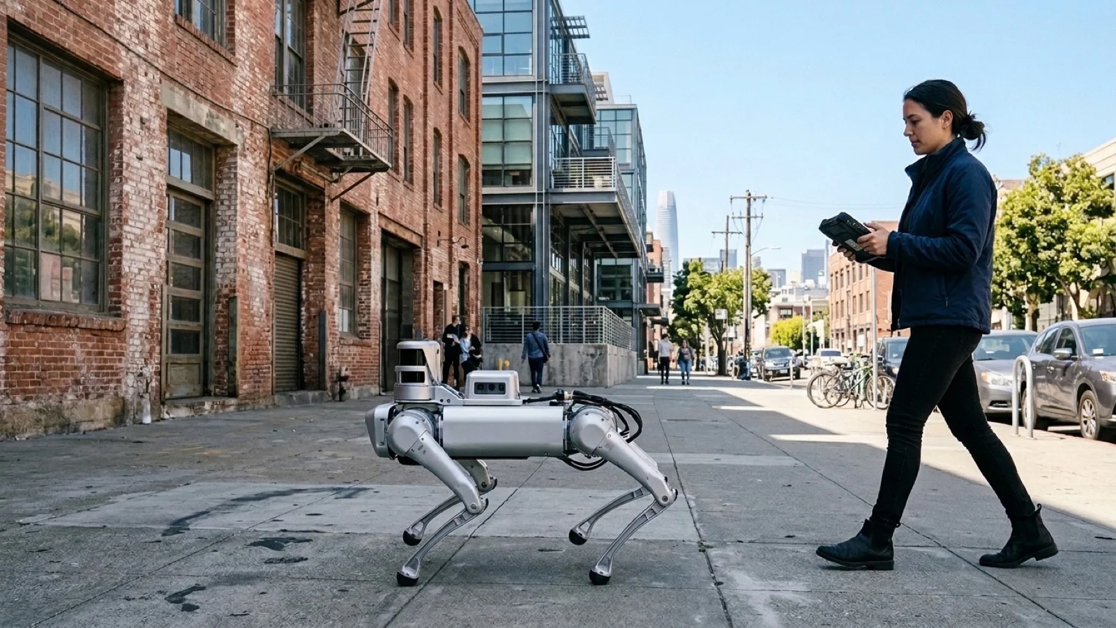 Silver four-legged autonomous quadruped robot walking along a sunny sidewalk in San Francisco’s Dogpatch neighborhood beside brick warehouses with an engineer holding a controller