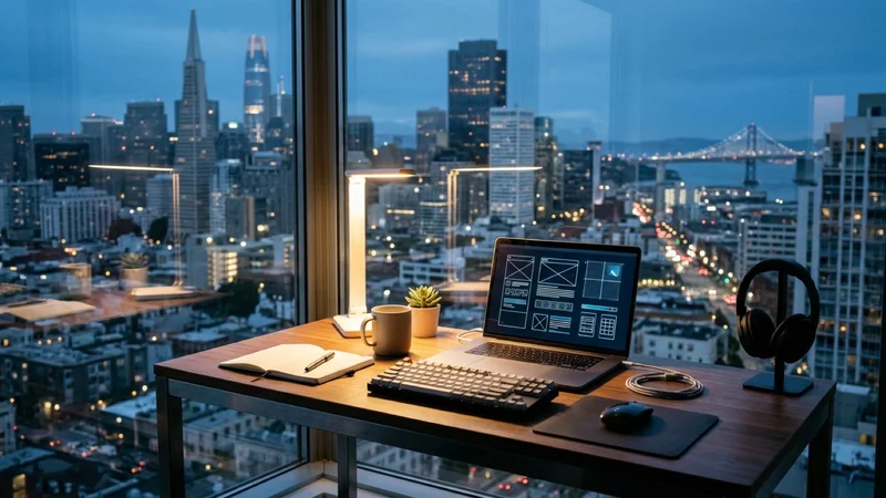 Modern software engineering workstation in San Francisco with abstract geometric UI wireframes on a laptop screen overlooking the city skyline at dusk