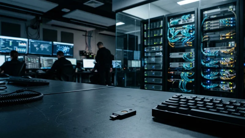 Enterprise network routers, fiber-optic patch cables with glowing blue status LEDs, and a hardware security key in a cybersecurity operations center