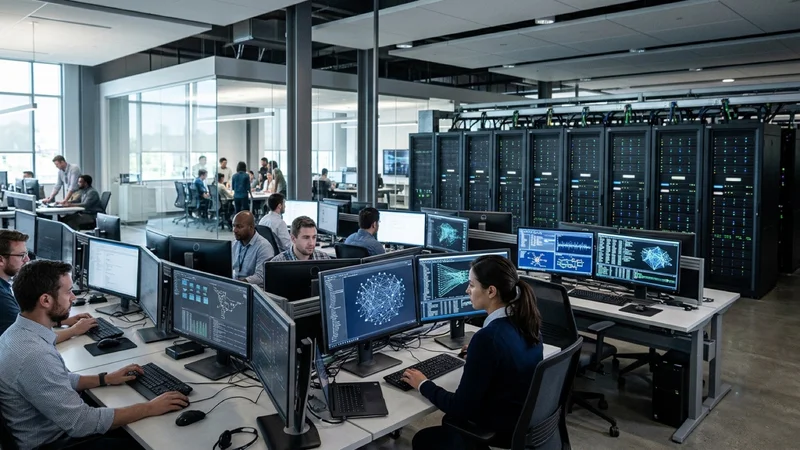 Modern enterprise software engineering workspace with multi-screen workflow diagrams and server infrastructure