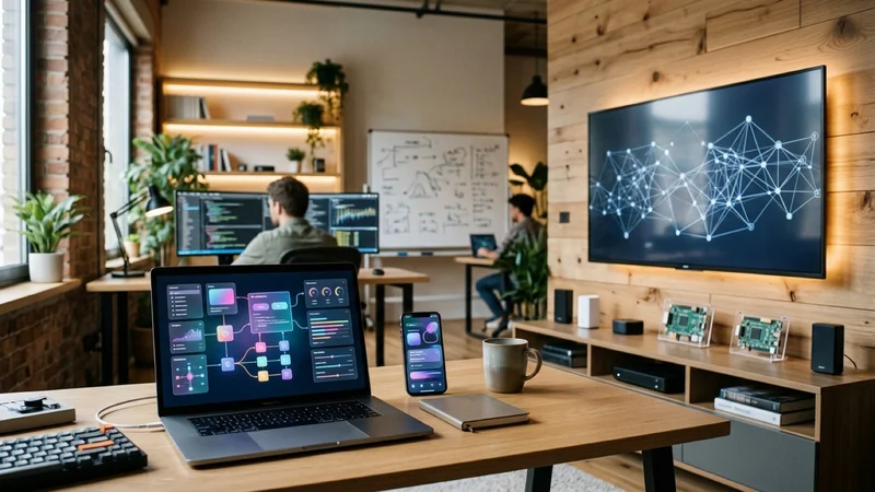 Laptop and smartphone displaying connected-app interface cards beside a wall-mounted flat-panel smart television in a modern studio
