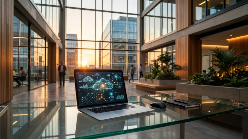 Silver aluminum laptop on a glass desk in a Silicon Valley tech atrium showing cloud and neural network charts at sunset