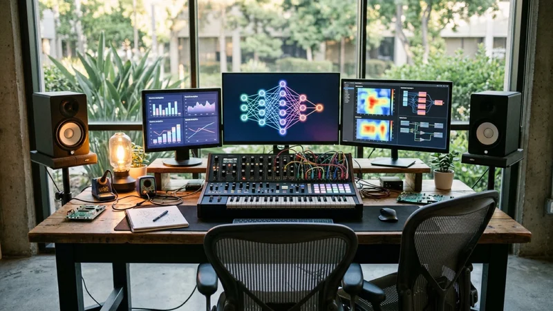 Modern Silicon Valley AI research workspace with multi-screen search analytics displays and an open-source synthesizer keyboard workstation