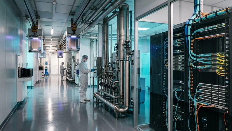 Stainless steel water filtration systems and fiber-optic enterprise server racks inside a modern technology facility