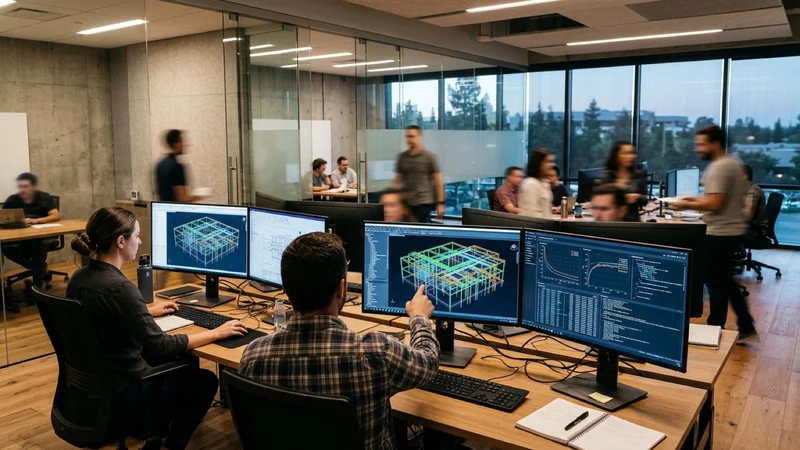 Architectural and structural engineering workstations displaying 3D building beam wireframes and neural network training metrics