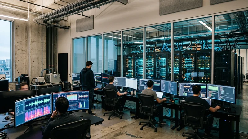 AI compute and voice-agent engineering laboratory with liquid-cooled server racks and real-time audio spectrogram monitors