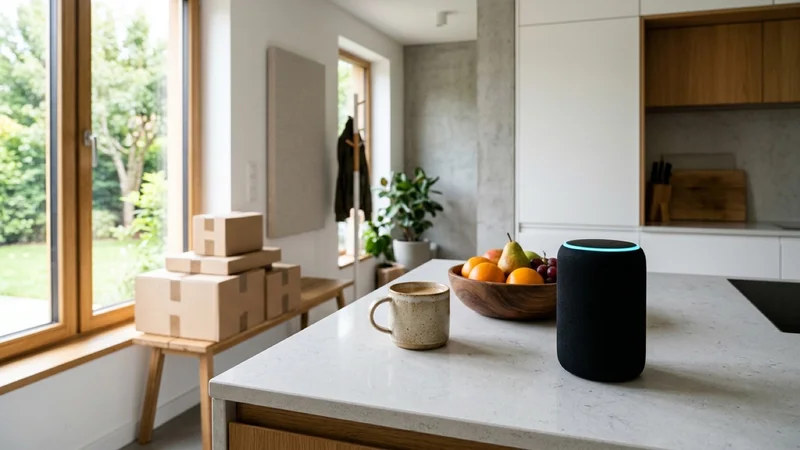 Modern smart home kitchen counter with a cylindrical voice assistant speaker glowing cyan beside stacked delivery parcels