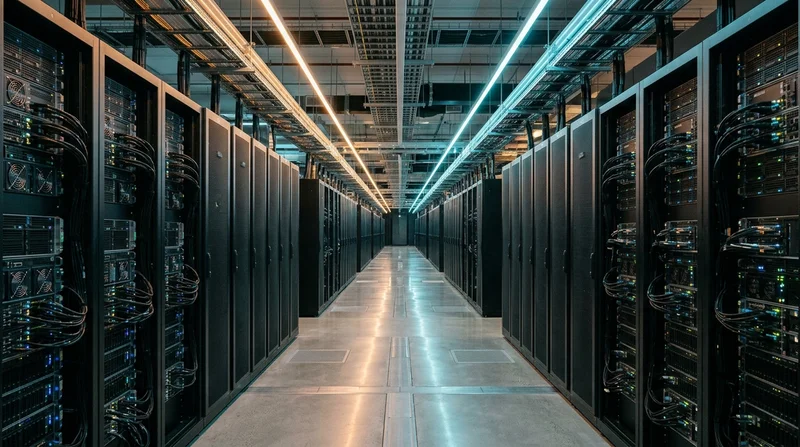 High-density AI data center server hall glowing with amber and cyan fiber-optic light pathways and enterprise compute racks