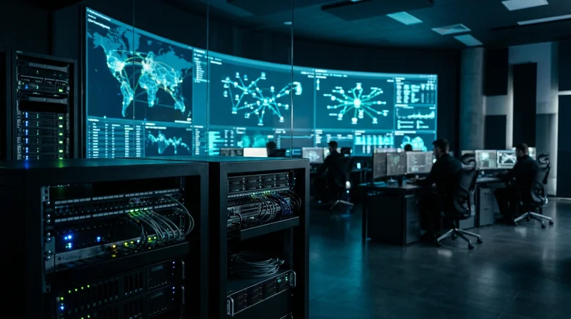 Modern enterprise Security Operations Center with network topology graphs, hardware router rack appliances, and threat-monitoring screens