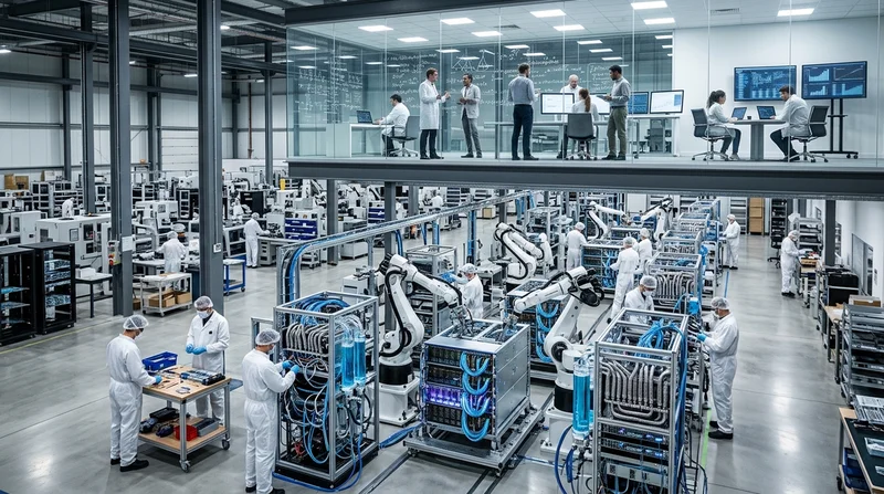 Assembly line manufacturing liquid-cooled modular AI data center pods beneath a glass-walled mathematical research room
