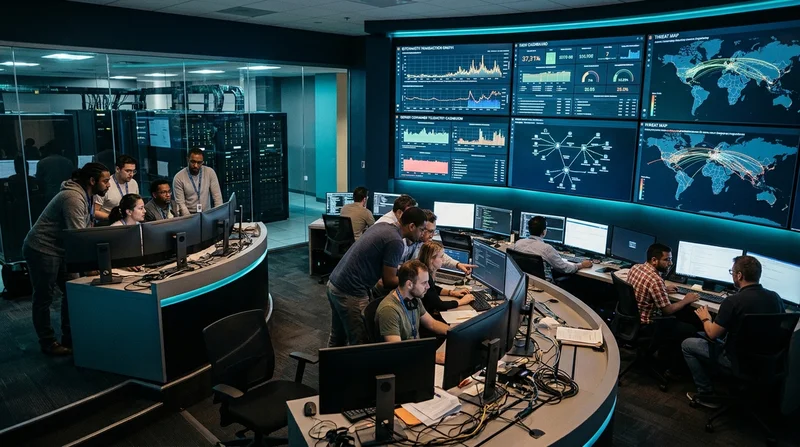 Cybersecurity operations center and blockchain forensics analysts tracking multi-chain cryptocurrency flows and container logs