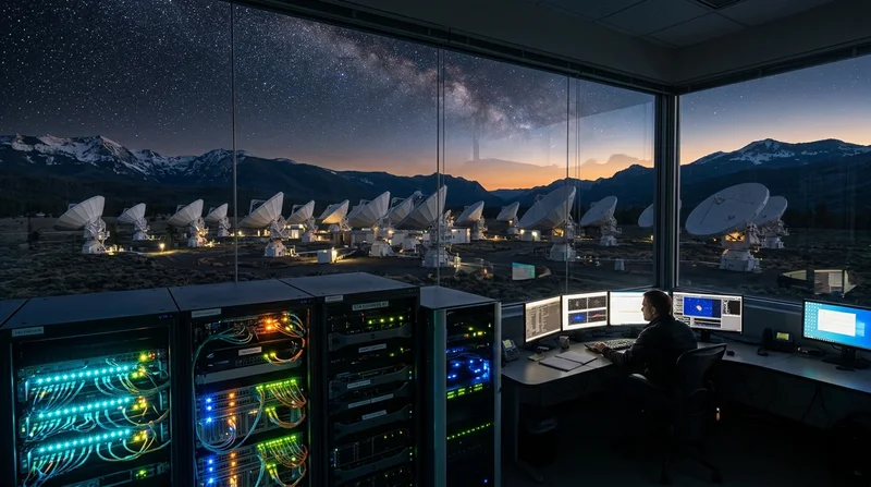 Array of white radio telescope dish antennas in a Northern California mountain valley at twilight beneath a starry sky
